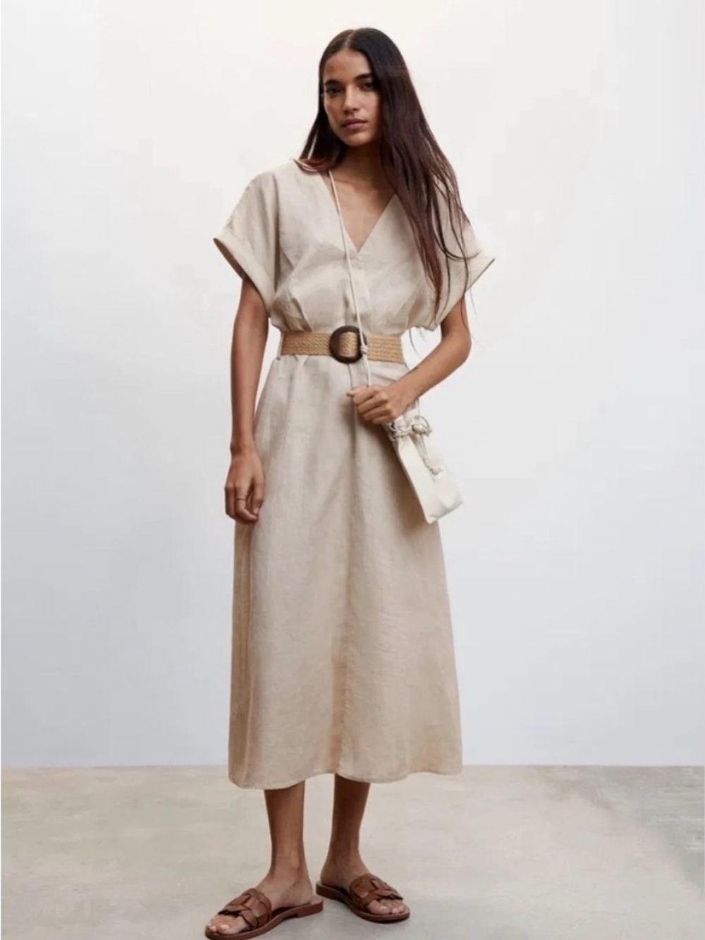 MNG Beige Linen Dress with Woven Belt